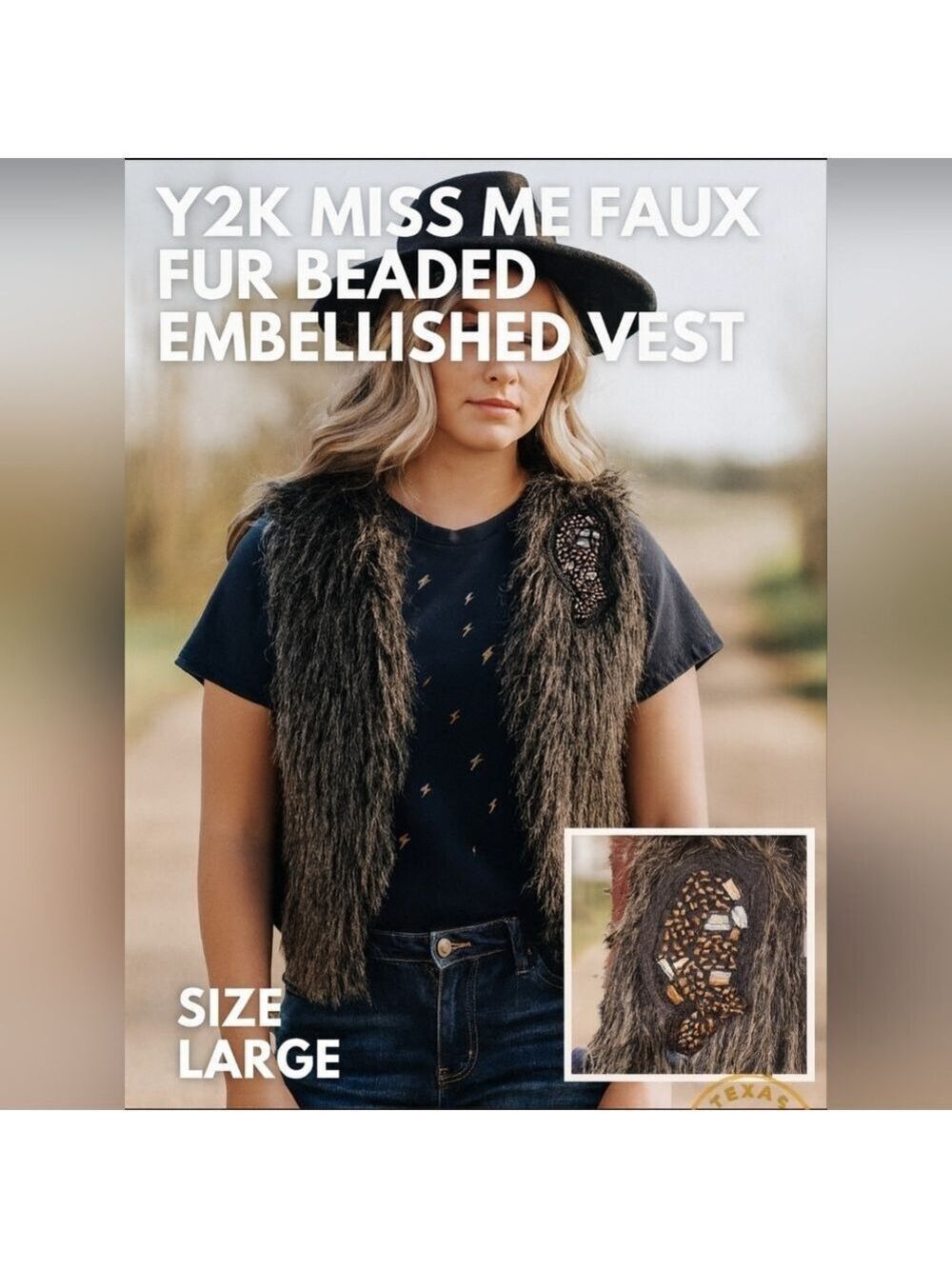 Miss Me Y2K Gray Faux Fur Vest  Beaded Size Large Boho Western